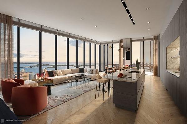 Rendering of 华德福Astoria Residences Miami Kitchen and Living Room Flow Through